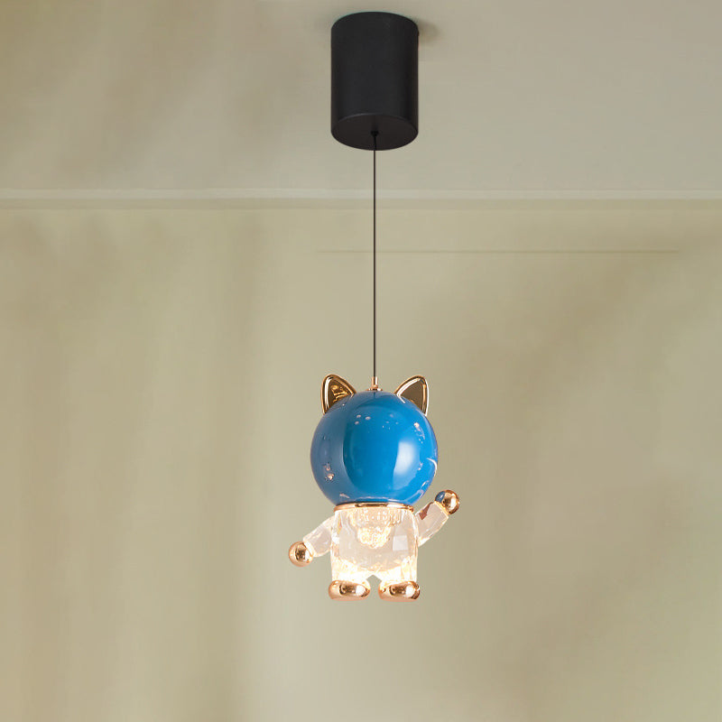 Lustre LED en acrylique, fer et alliage de zinc avec chat de dessin animé créatif contemporain pour enfants, levable, pour table de chevet 