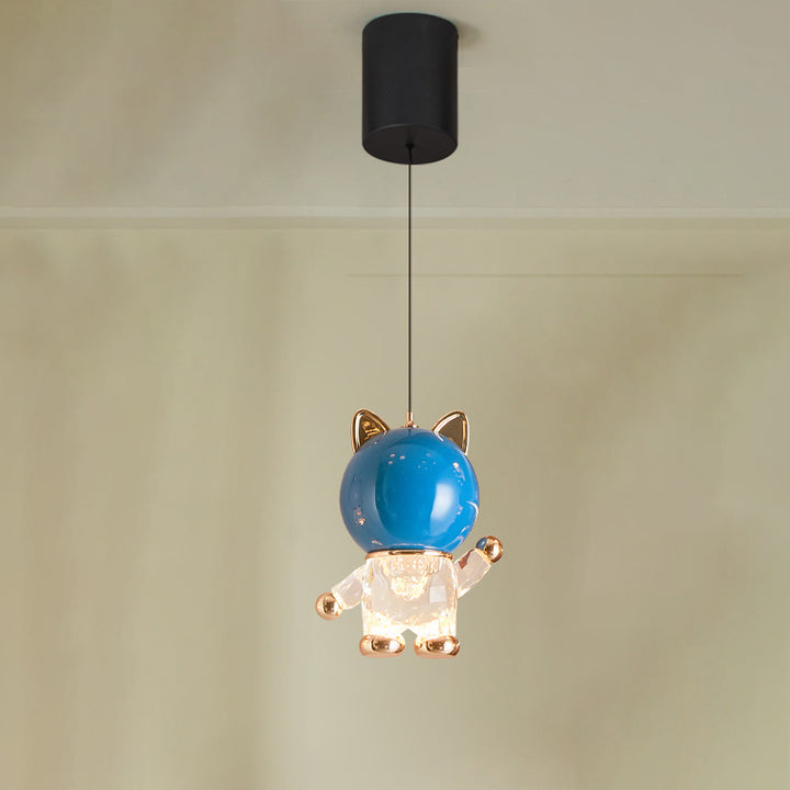 Lustre LED en acrylique, fer et alliage de zinc avec chat de dessin animé créatif contemporain pour enfants, levable, pour table de chevet 