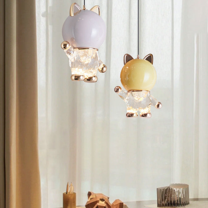 Lustre LED en acrylique, fer et alliage de zinc avec chat de dessin animé créatif contemporain pour enfants, levable, pour table de chevet 