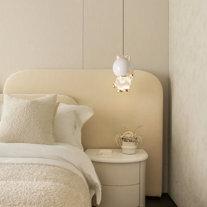 Lámpara colgante LED de aleación de zinc, hierro y acrílico con diseño de gato de dibujos animados contemporáneo para niños, levantable, para la mesita de noche 