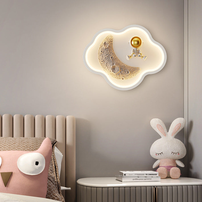 Aplique de pared LED contemporáneo nórdico de hierro acrílico resina para niños luna astronauta redondo nube corazón para mesita de noche 