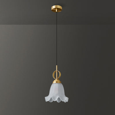Traditional French Brass Glass Floral 1-Light Pendant Light For Bedside