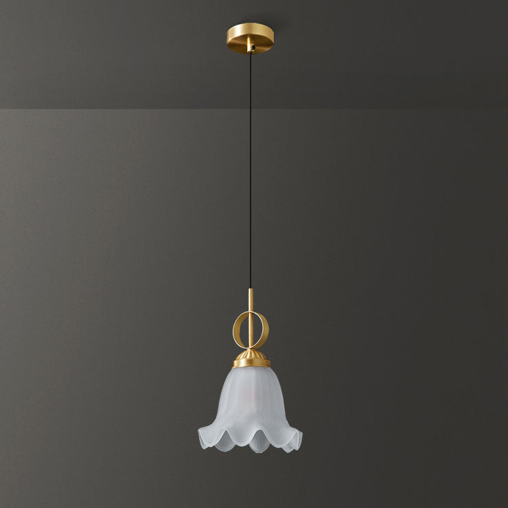 Traditional French Brass Glass Floral 1-Light Pendant Light For Bedside