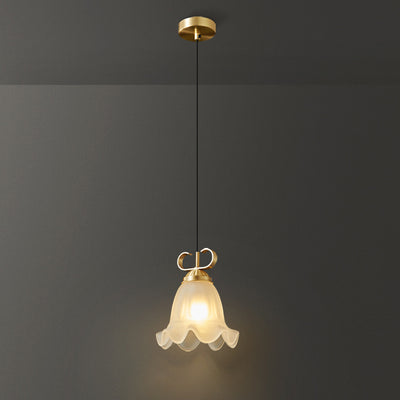 Traditional French Brass Glass Floral 1-Light Pendant Light For Bedside