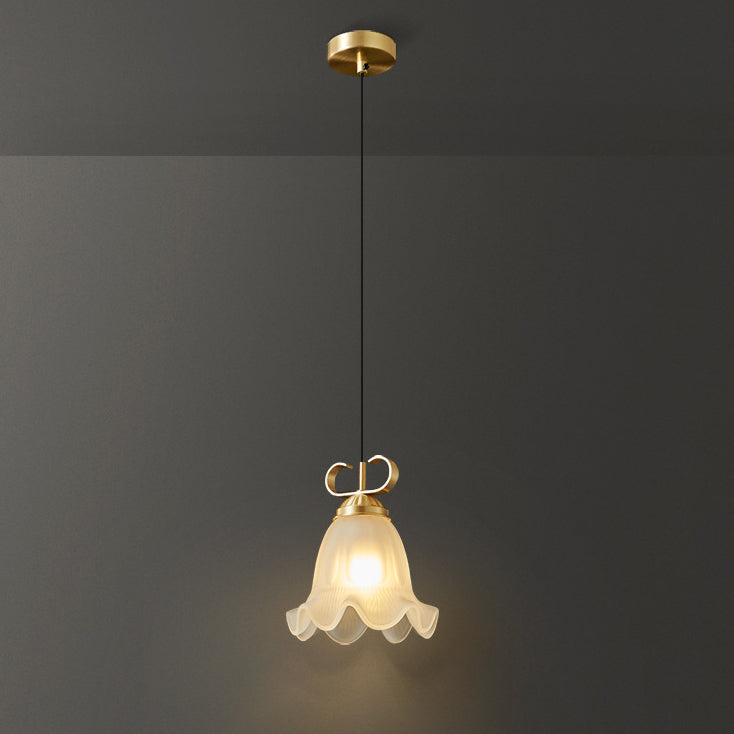 Traditional French Brass Glass Floral 1-Light Pendant Light For Bedside