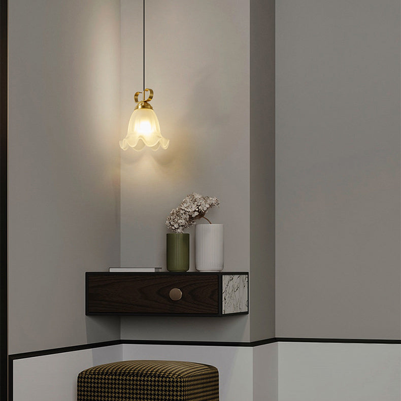 Traditional French Brass Glass Floral 1-Light Pendant Light For Bedside