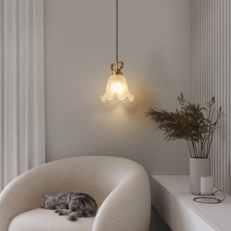 Traditional French Brass Glass Floral 1-Light Pendant Light For Bedside