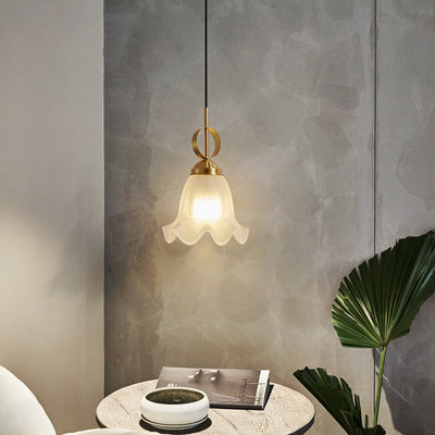 Traditional French Brass Glass Floral 1-Light Pendant Light For Bedside