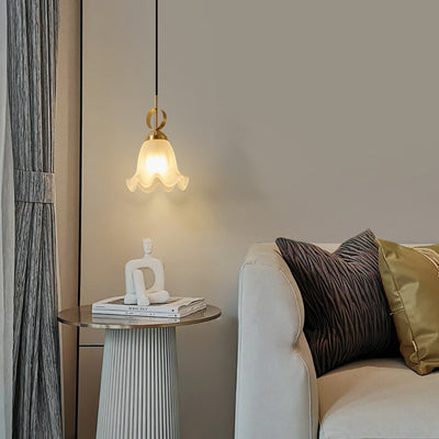 Traditional French Brass Glass Floral 1-Light Pendant Light For Bedside