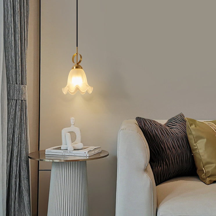 Traditional French Brass Glass Floral 1-Light Pendant Light For Bedside
