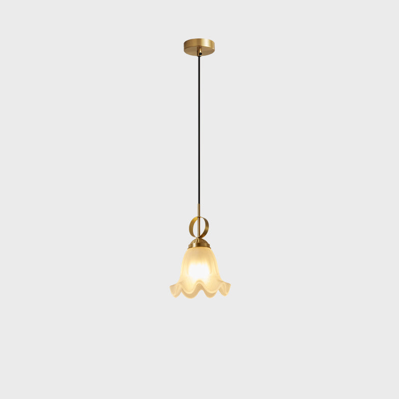 Traditional French Brass Glass Floral 1-Light Pendant Light For Bedside