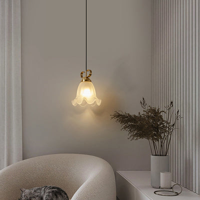 Traditional French Brass Glass Floral 1-Light Pendant Light For Bedside
