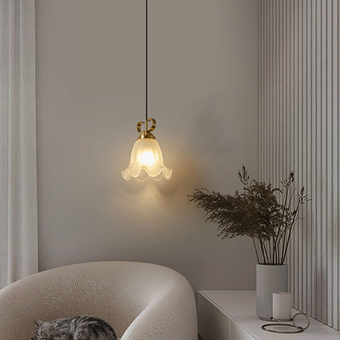 Traditional French Brass Glass Floral 1-Light Pendant Light For Bedside