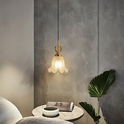 Traditional French Brass Glass Floral 1-Light Pendant Light For Bedside