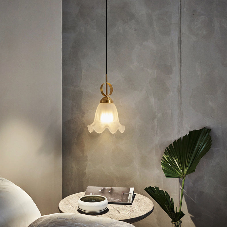 Traditional French Brass Glass Floral 1-Light Pendant Light For Bedside
