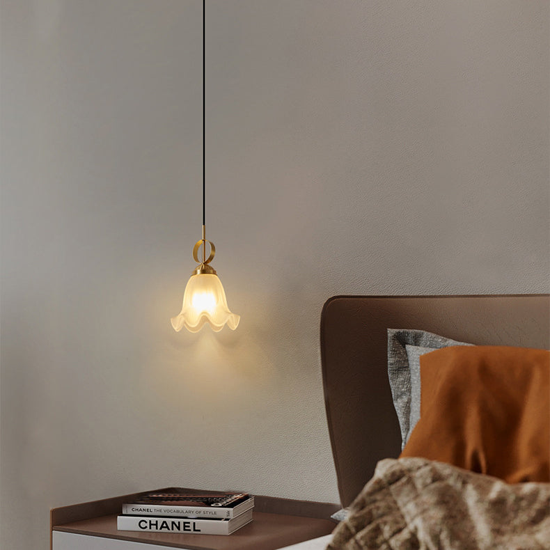 Traditional French Brass Glass Floral 1-Light Pendant Light For Bedside