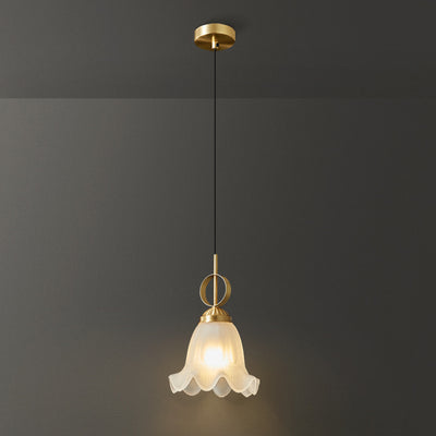 Traditional French Brass Glass Floral 1-Light Pendant Light For Bedside