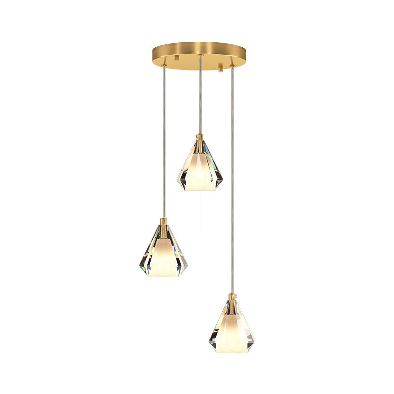 Modern Luxury Brass Crystal Triangle Diamond 1/2/3 Light Pendant Light For Bedside