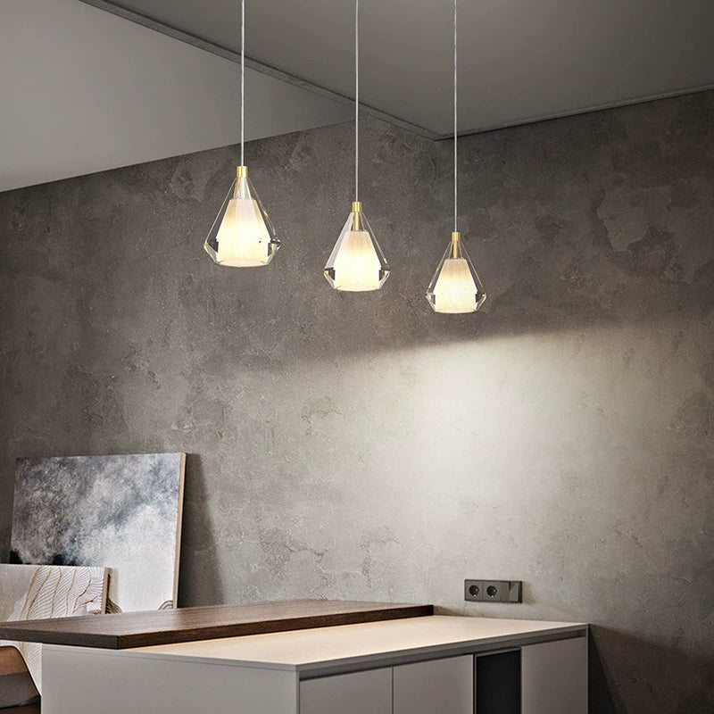 Modern Luxury Brass Crystal Triangle Diamond 1/2/3 Light Pendant Light For Bedside