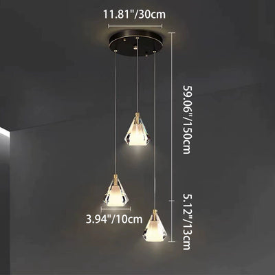Modern Luxury Brass Crystal Triangle Diamond 1/2/3 Light Pendant Light For Bedside