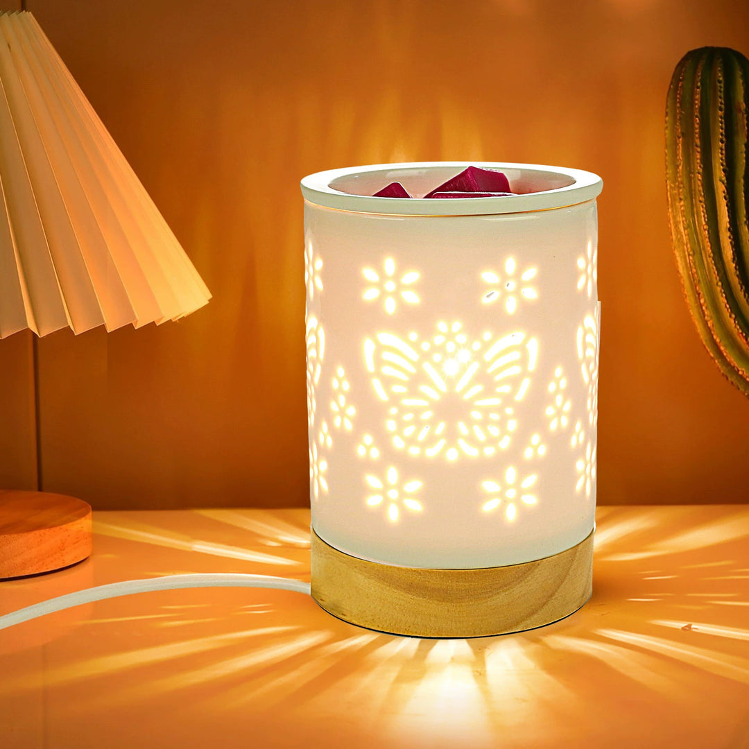 Lampe de table en céramique nordique contemporaine avec lettre en bois et papillon creux, cylindre à 1 lumière pour faire fondre la cire, pour table de chevet 