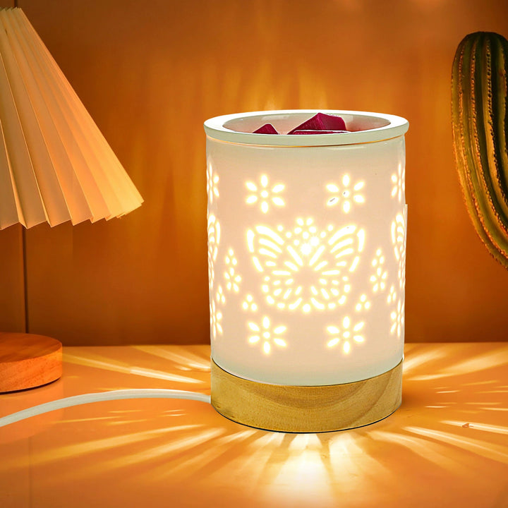 Lampe de table en céramique nordique contemporaine avec lettre en bois et papillon creux, cylindre à 1 lumière pour faire fondre la cire, pour table de chevet 