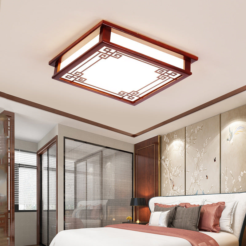 Plafonnier LED Carré Rectangulaire en Bois Massif de Pin Chinois Traditionnel avec Plaque de Diffusion pour Chambre 