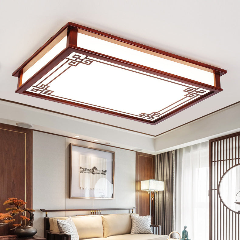 Plafonnier LED Carré Rectangulaire en Bois Massif de Pin Chinois Traditionnel avec Plaque de Diffusion pour Chambre 