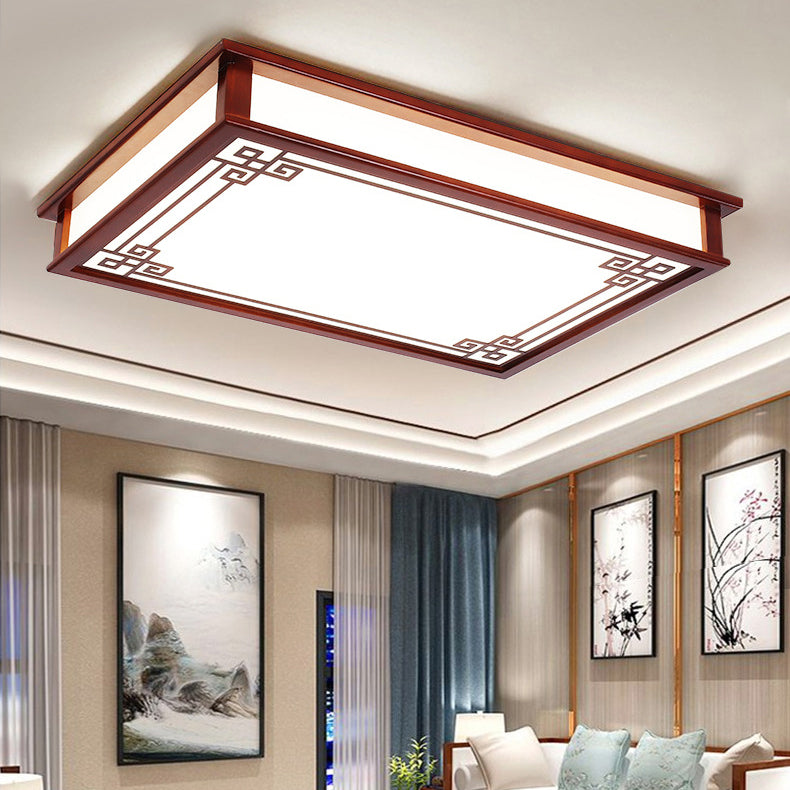 Plafonnier LED Carré Rectangulaire en Bois Massif de Pin Chinois Traditionnel avec Plaque de Diffusion pour Chambre 