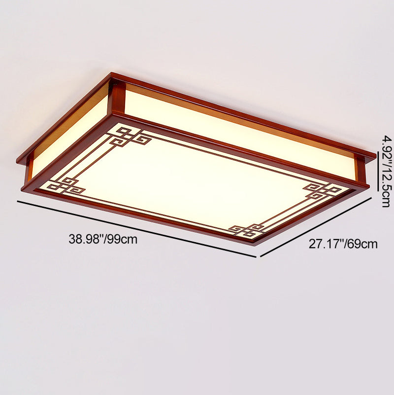 Plafonnier LED Carré Rectangulaire en Bois Massif de Pin Chinois Traditionnel avec Plaque de Diffusion pour Chambre 
