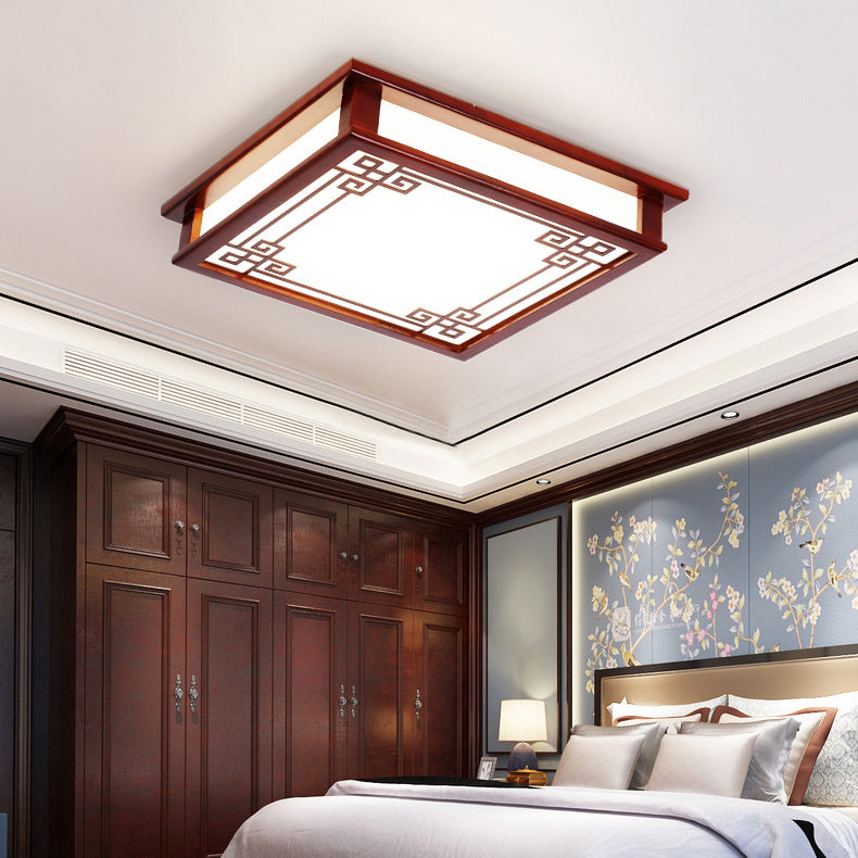 Plafonnier LED Carré Rectangulaire en Bois Massif de Pin Chinois Traditionnel avec Plaque de Diffusion pour Chambre 