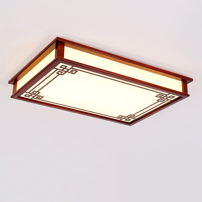Plafonnier LED Carré Rectangulaire en Bois Massif de Pin Chinois Traditionnel avec Plaque de Diffusion pour Chambre 