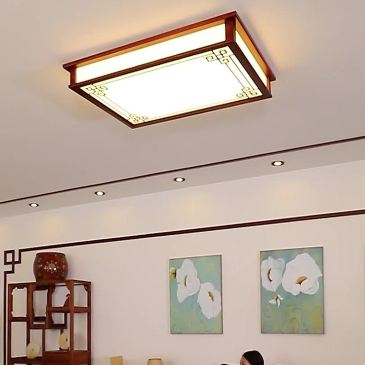 Placa de Difusión de Nudos Cuadrados Rectangulares de Madera Sólida de Pino Chino Tradicional Lámpara de Techo LED Para Dormitorio 