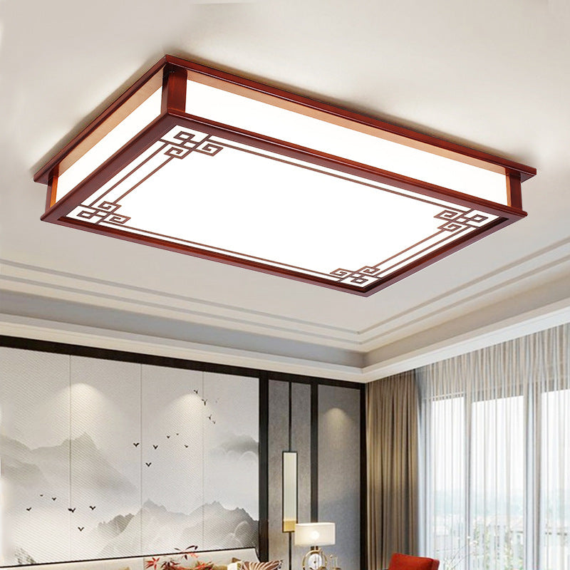 Plafonnier LED Carré Rectangulaire en Bois Massif de Pin Chinois Traditionnel avec Plaque de Diffusion pour Chambre 