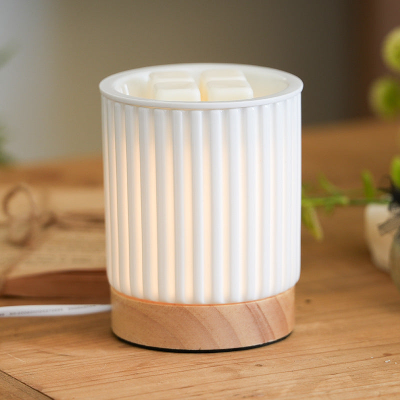 Lampe de Table en Cire Fondante à 1 Lumière avec Cylindre en Bois Céramique à Rayures Simplicité Moderne pour Chevet 