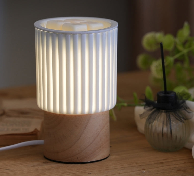 Lampe de Table en Cire Fondante à 1 Lumière avec Cylindre en Bois Céramique à Rayures Simplicité Moderne pour Chevet 
