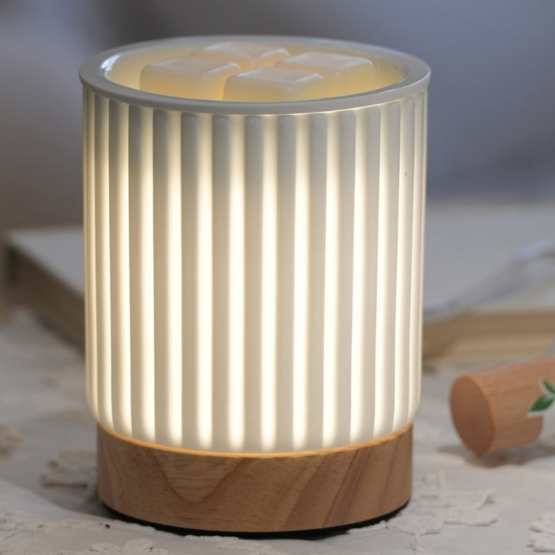 Lampe de Table en Cire Fondante à 1 Lumière avec Cylindre en Bois Céramique à Rayures Simplicité Moderne pour Chevet 