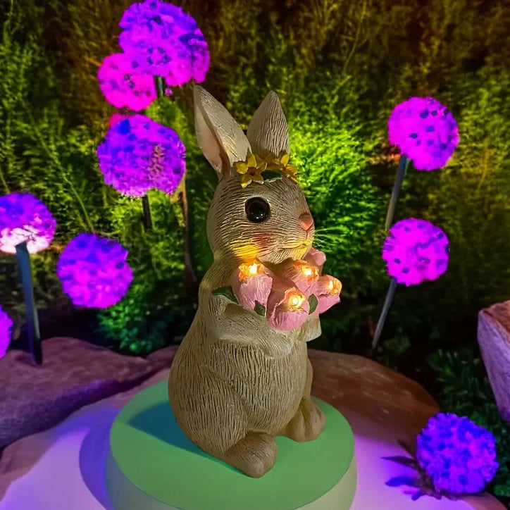 Modern Art Deco Solar Waterproof Resin Cartoon Rabbit Holding Flower Butterfly LED Outdoor Light Landscape Lighting For Garden