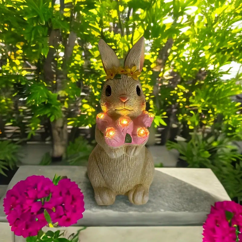 Modern Art Deco Solar Waterproof Resin Cartoon Rabbit Holding Flower Butterfly LED Outdoor Light Landscape Lighting For Garden