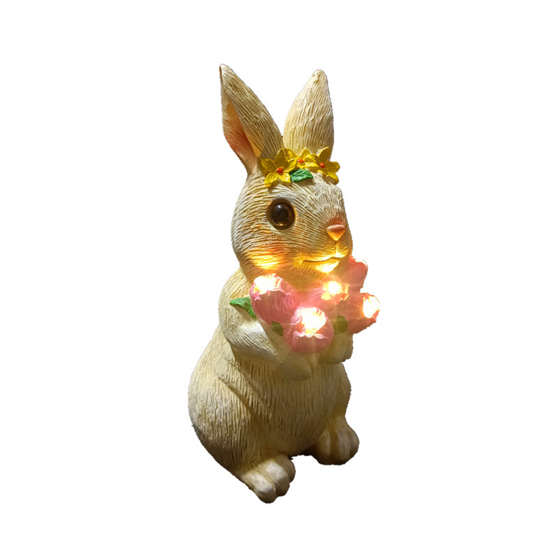 Modern Art Deco Solar Waterproof Resin Cartoon Rabbit Holding Flower Butterfly LED Outdoor Light Landscape Lighting For Garden