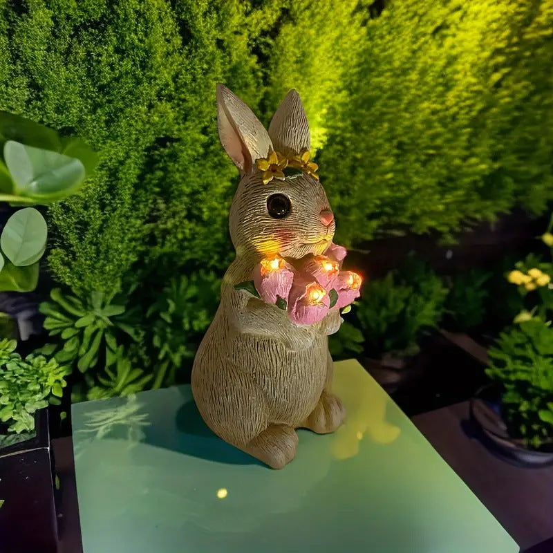 Modern Art Deco Solar Waterproof Resin Cartoon Rabbit Holding Flower Butterfly LED Outdoor Light Landscape Lighting For Garden