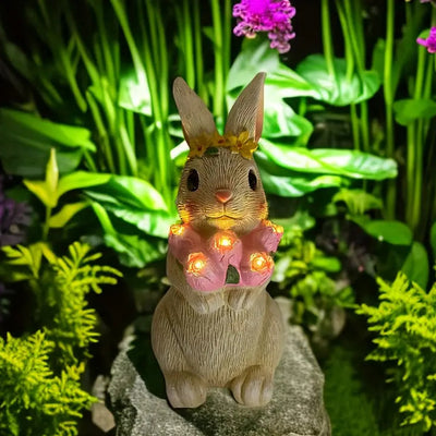 Modern Art Deco Solar Waterproof Resin Cartoon Rabbit Holding Flower Butterfly LED Outdoor Light Landscape Lighting For Garden