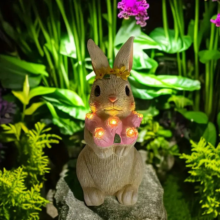 Modern Art Deco Solar Waterproof Resin Cartoon Rabbit Holding Flower Butterfly LED Outdoor Light Landscape Lighting For Garden