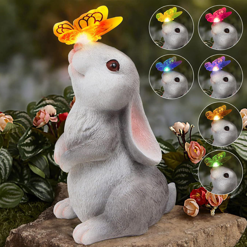 Modern Art Deco Solar Waterproof Resin Cartoon Rabbit Holding Flower Butterfly LED Outdoor Light Landscape Lighting For Garden