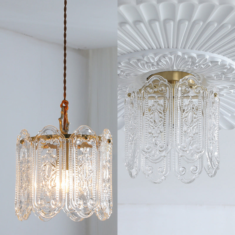Traditional French Iron Glass Embossed Floral 1-Light Pendant Light For Bedside