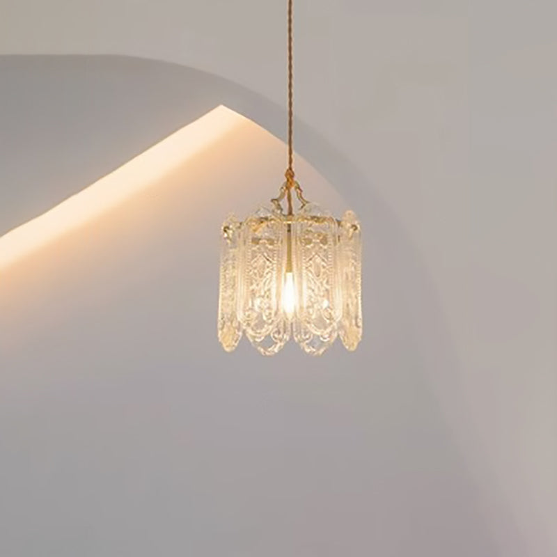 Traditional French Iron Glass Embossed Floral 1-Light Pendant Light For Bedside