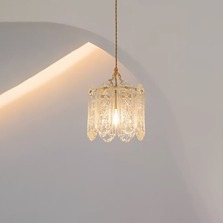 Traditional French Iron Glass Embossed Floral 1-Light Pendant Light For Bedside