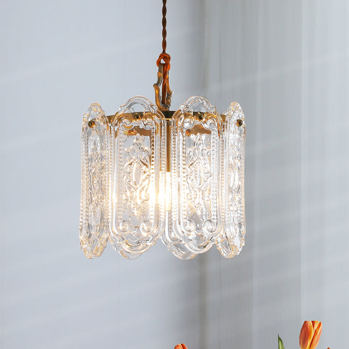 Traditional French Iron Glass Embossed Floral 1-Light Pendant Light For Bedside