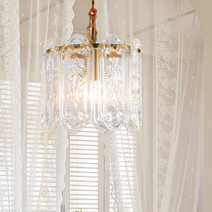 Traditional French Iron Glass Embossed Floral 1-Light Pendant Light For Bedside