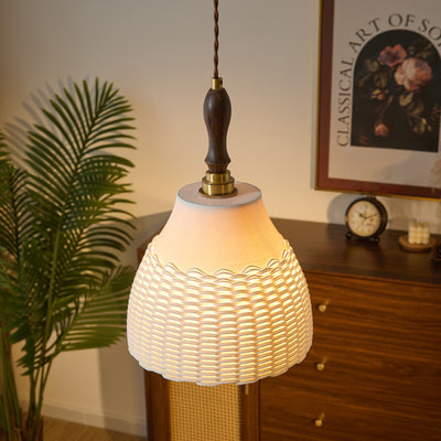 Traditional Japanese Ceramic Brass Walnut Cylinder Conic Texture 1-Light Pendant Light For Dining Room